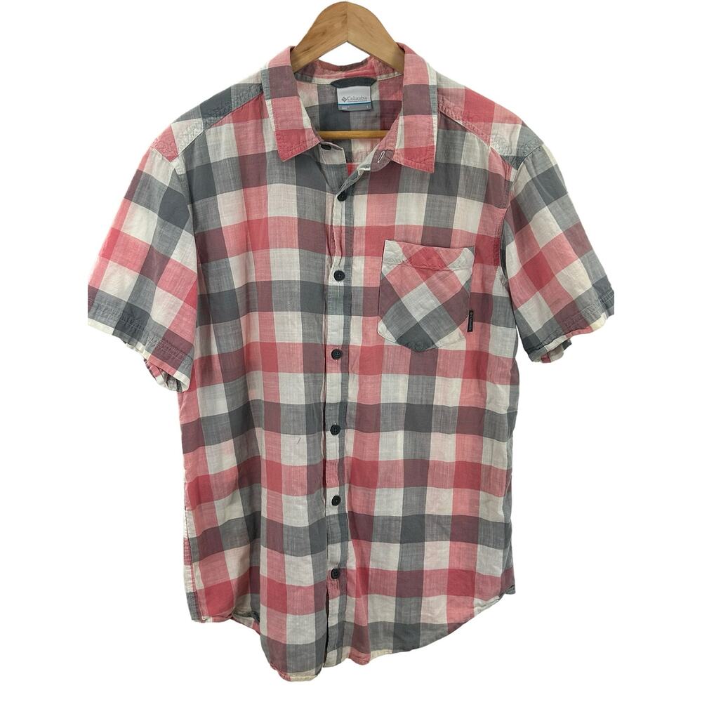 Columbia Plaid Red White‎ Gray Plaid Shortsleeve Buttonup Shirt Size Large